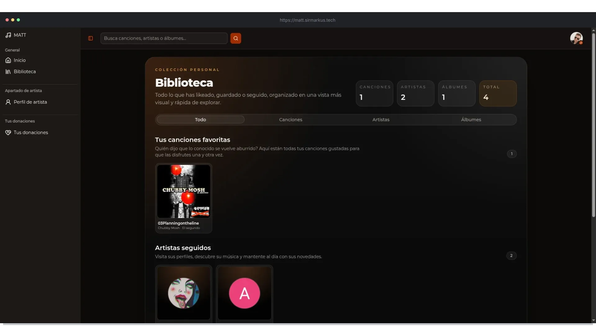 Captura de MATT: página de inicio para descubrir playlists, artistas y álbumes